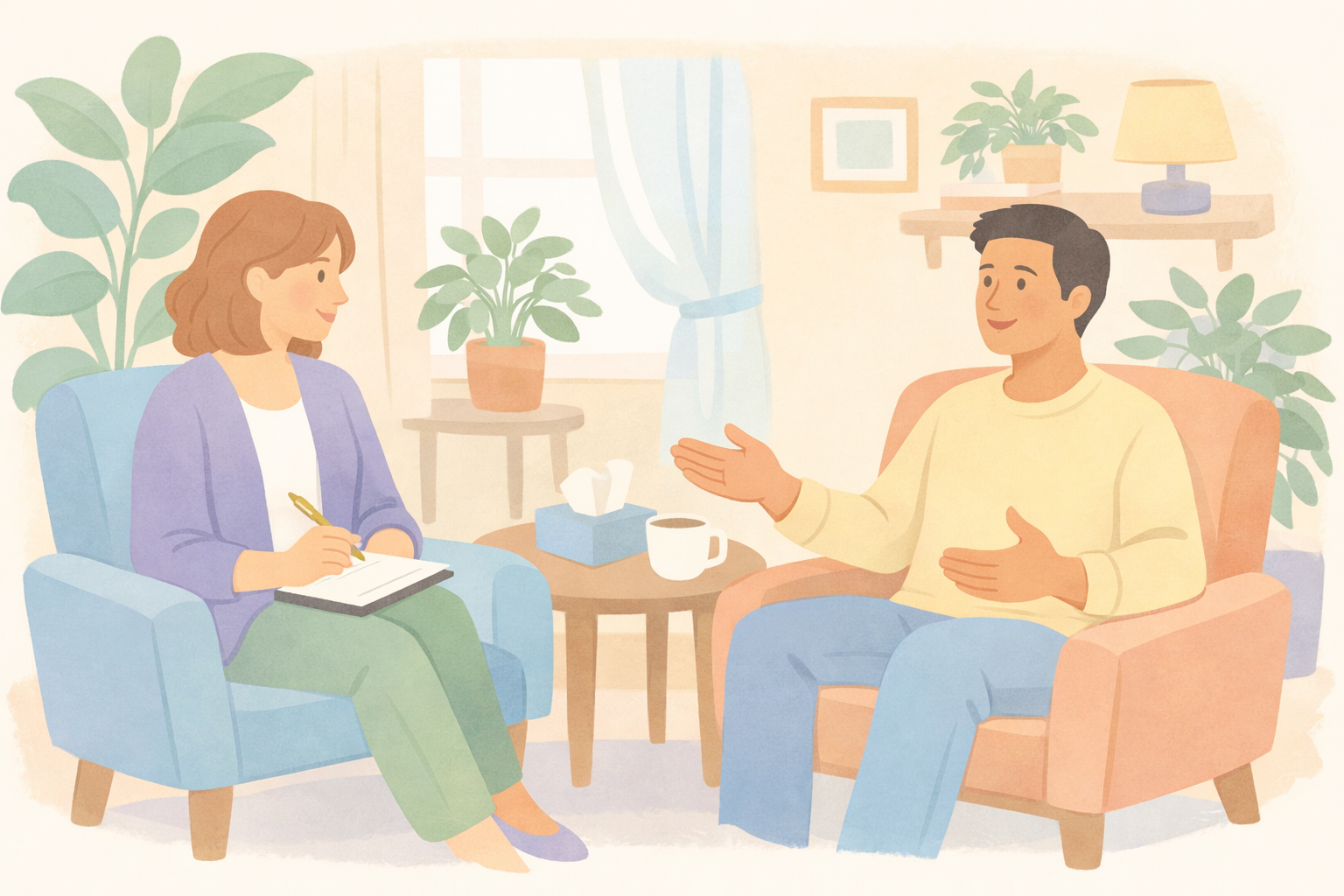 Therapeutic Conversation in Soft Pastel Interior