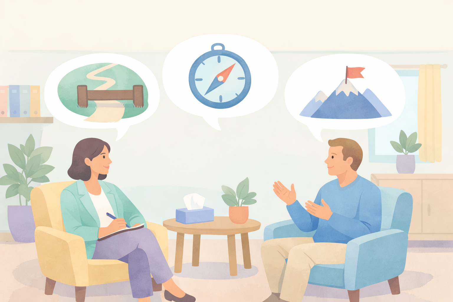 Therapist and Client in Pastel Therapy Office with Visual Cues-1