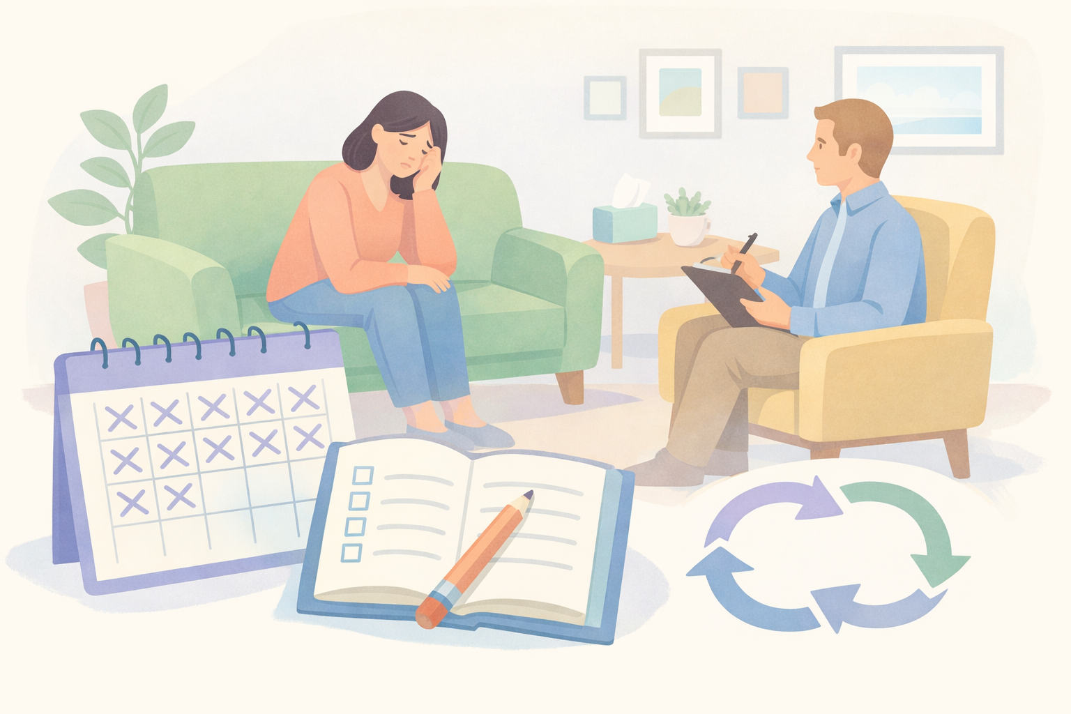 Therapist in Calm Clinic Setting with Abstract Symbols-1