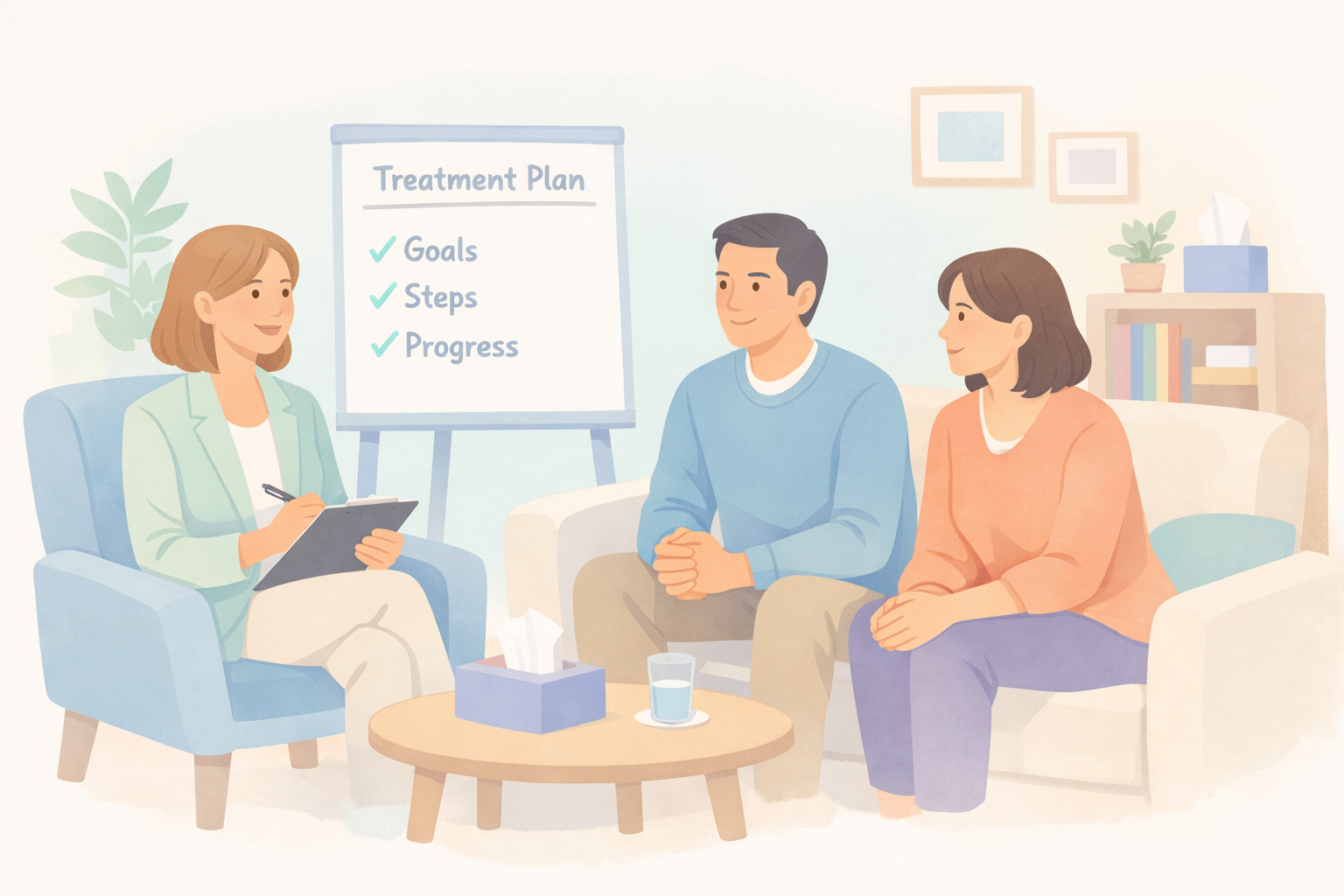 Therapy Consultation in Soft Pastel Clinical Setting