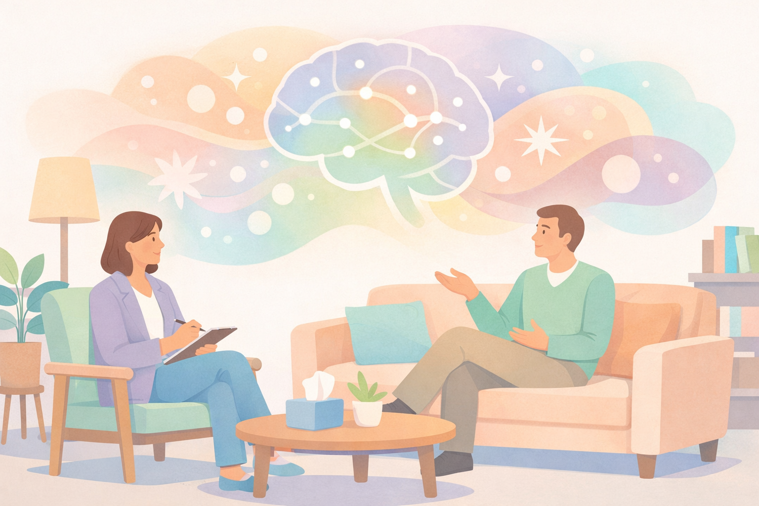 Therapy Room with Abstract Brain Pathways and Thoughtful Conversation-1