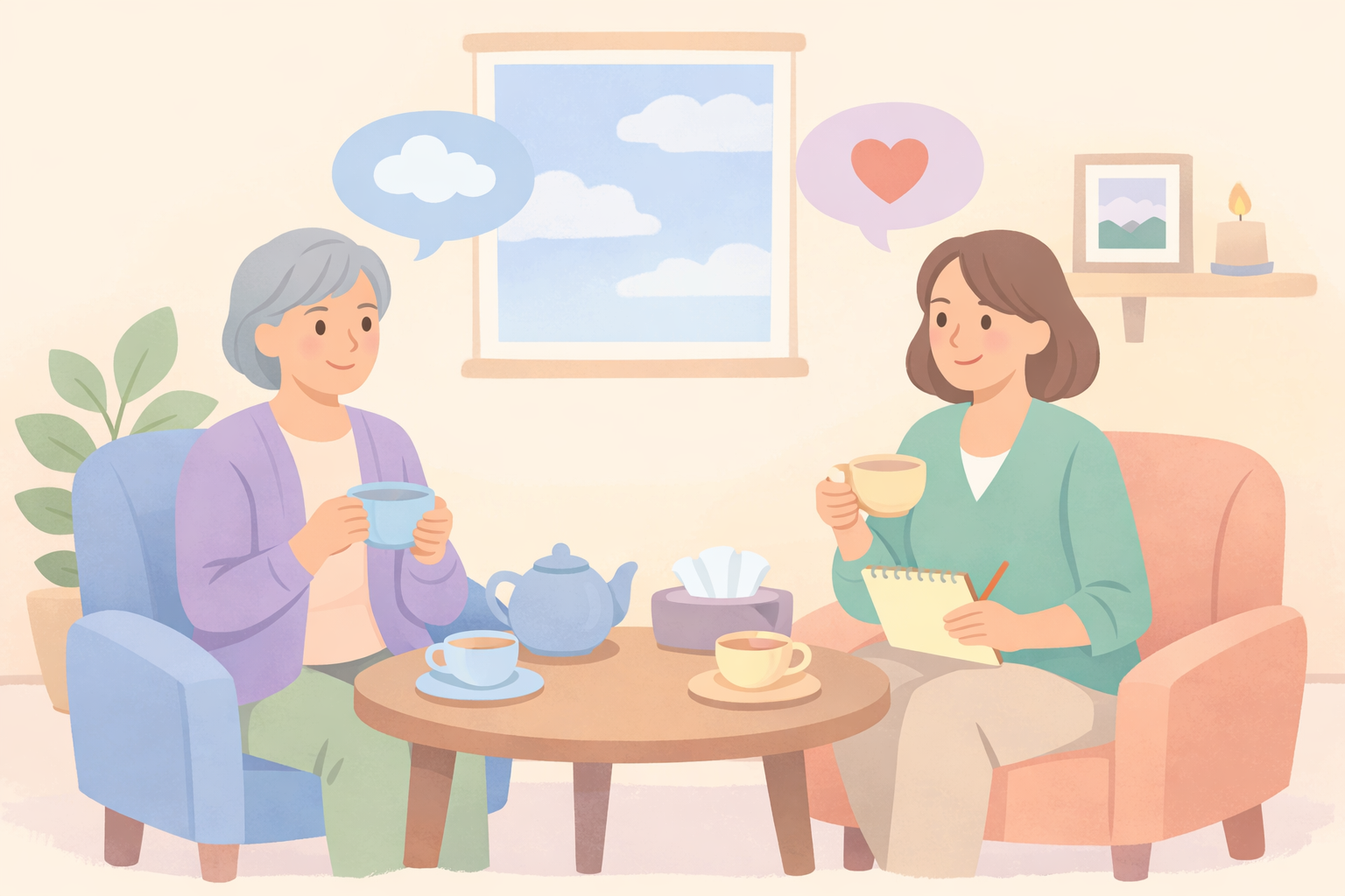 Mature woman in her 50s discussing psychedelic retreat preparation and integration with a facilitator over tea in a cozy consultation session, taking notes and journaling before the retreat experience.