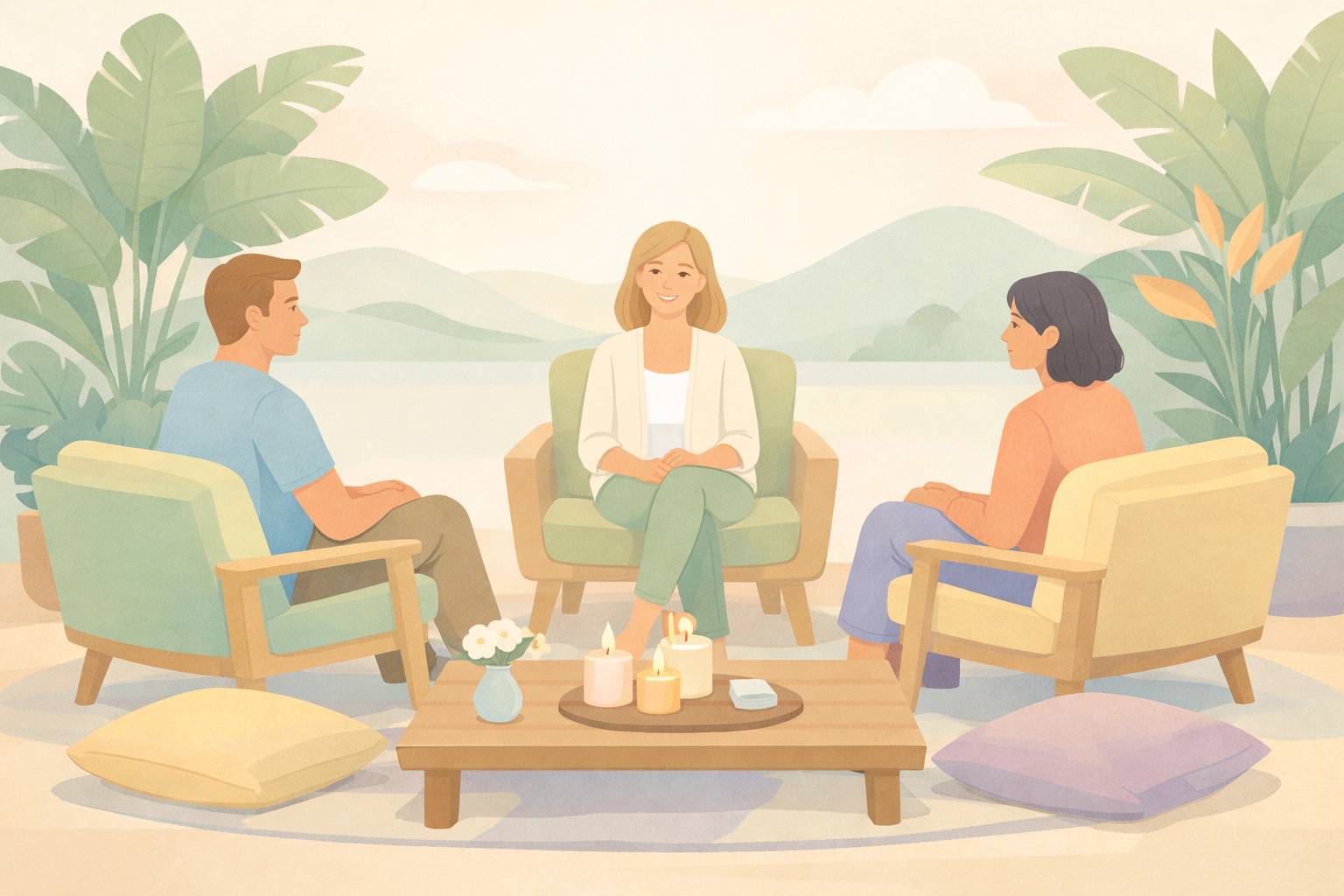 Flat vector illustration of three people seated in a facilitated group therapy circle in a lush tropical setting, representing a guided psilocybin retreat session available to international wellness travelers in Jamaica.