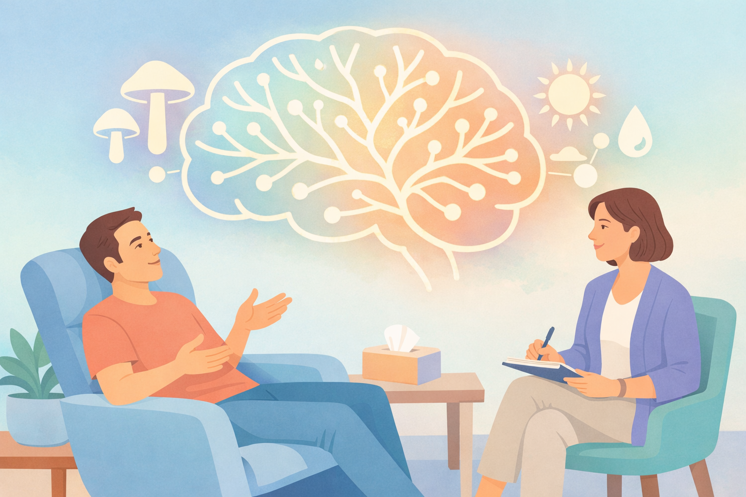 Therapy Session with Stylized Brain Diagram and Soft Pastel Palette-1