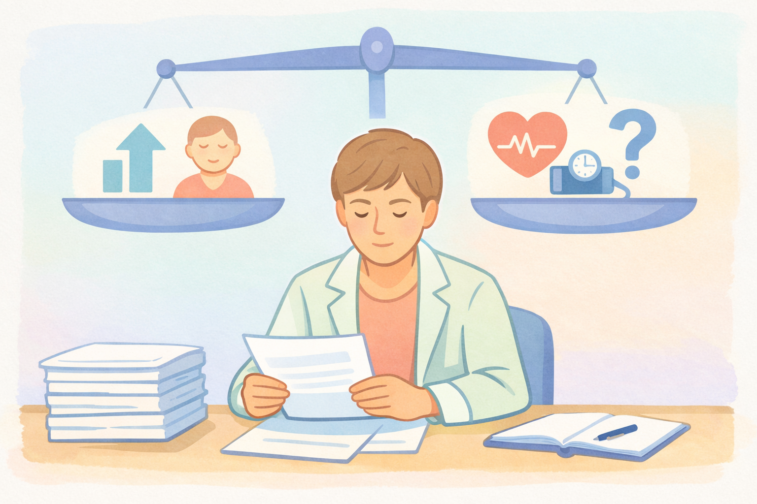 Thoughtful Researcher with Balanced Scale in Pastel Palette-1