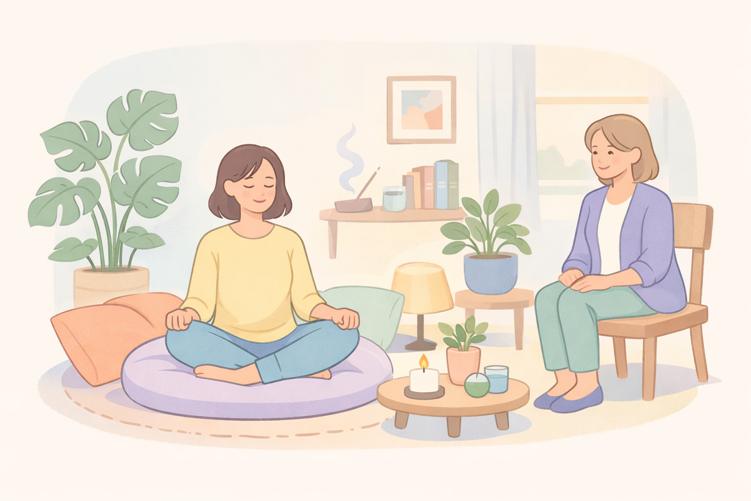 A calm individual sits in a thoughtfully designed room with plants and soft lighting, embodying set and setting principles for psilocybin preparation within a Beckley Retreats psychedelic therapy context.