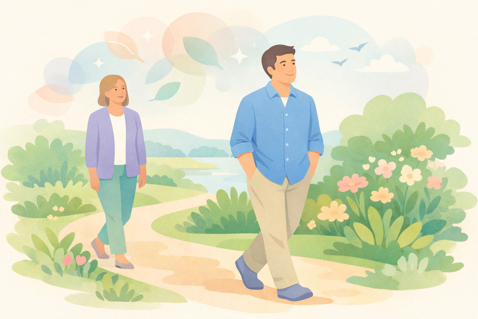 Thoughtful Walker in Pastel Garden with Subtle Abstract Shapes-3