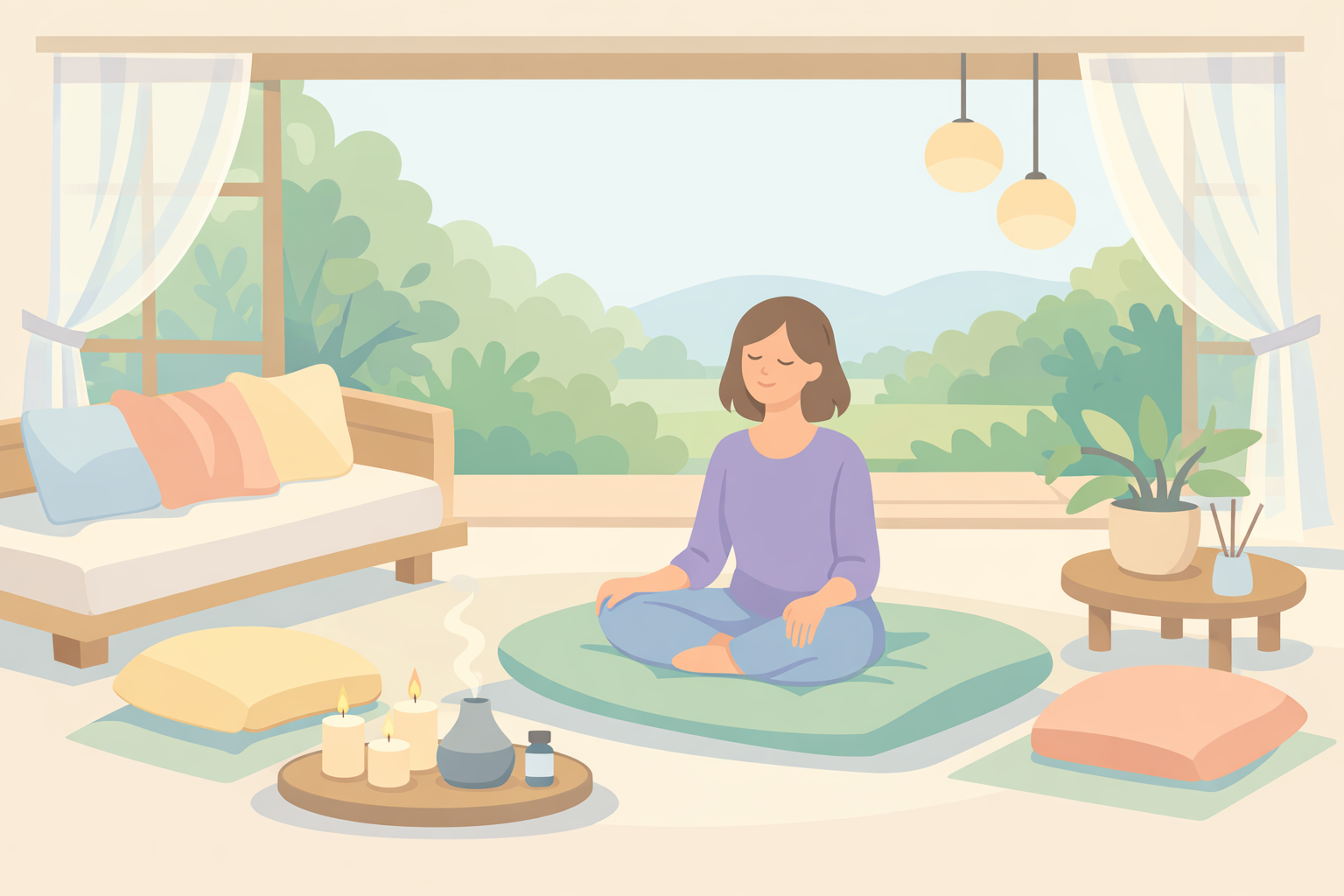 A tranquil indoor-outdoor space with greenery, soft lighting, and calming elements illustrates curated set and setting, enhancing psilocybin preparation and immersive psychedelic therapy experiences at Beckley Retreats.