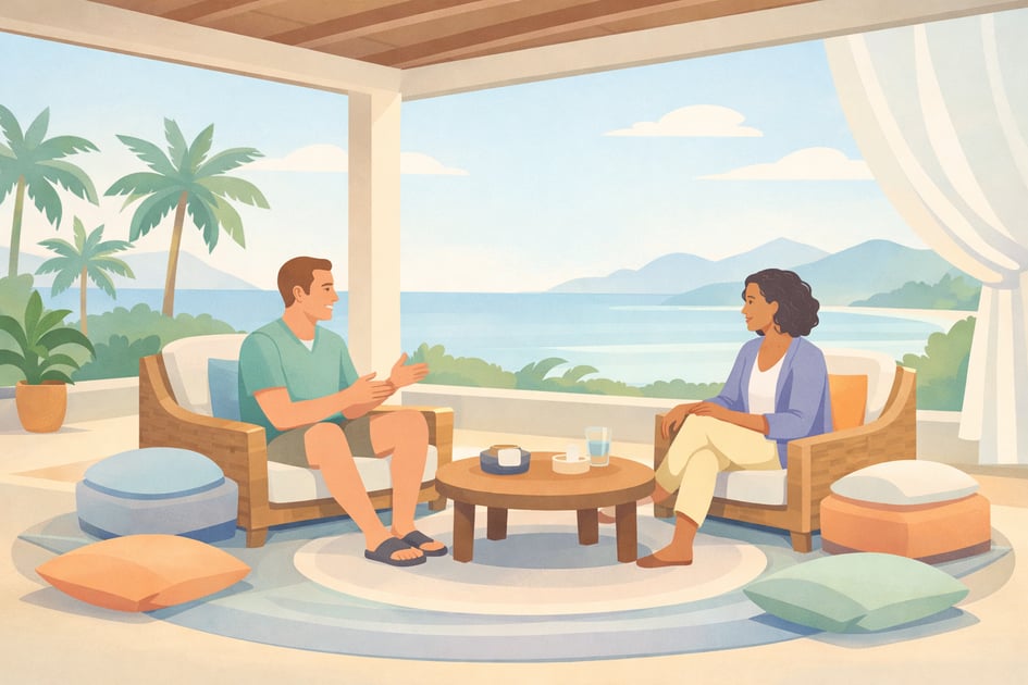 Flat vector illustration of two people having a relaxed conversation in an open-air tropical pavilion overlooking the ocean, representing a legal psilocybin retreat experience in Jamaica.