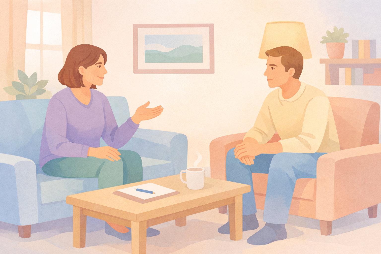 Two Family Members in Soft Pastel Living Room Conversation
