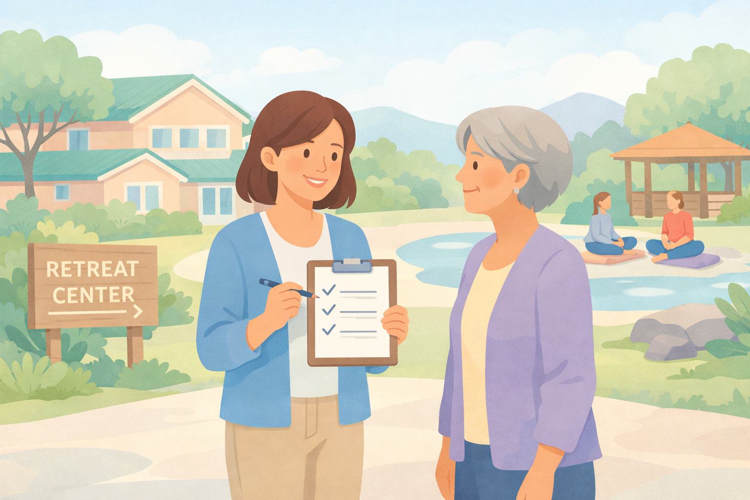 Female retreat facilitator reviewing a checklist with a mature woman outside a retreat center, with meditation grounds and nature therapy setting in the background, showing how to vet a psychedelic wellness retreat.