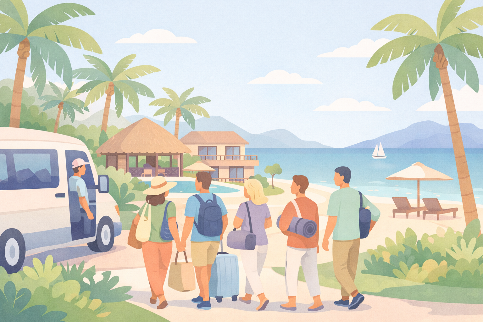 Flat vector illustration of a group of international travelers arriving by van at a beachfront psilocybin retreat in Jamaica, with palm trees and ocean views, representing legal psychedelic wellness tourism on the island.
