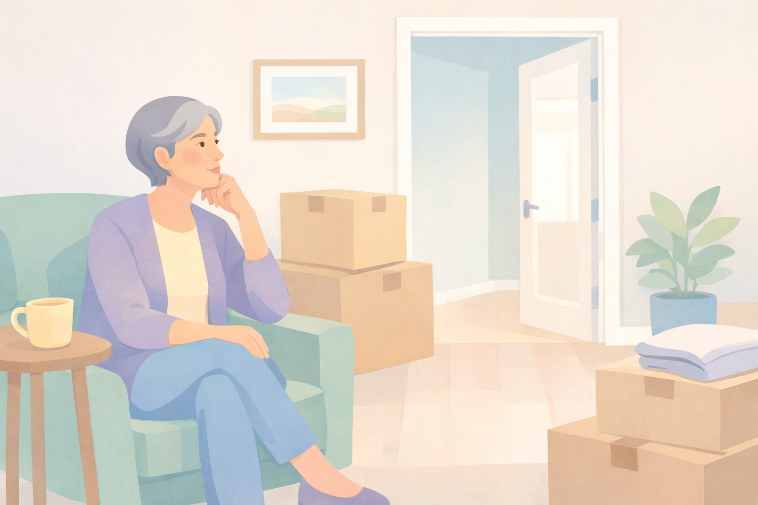 Mature woman with gray hair sitting thoughtfully in a cozy home surrounded by packing boxes, reflecting on empty nest syndrome and starting a new chapter after children leave home.