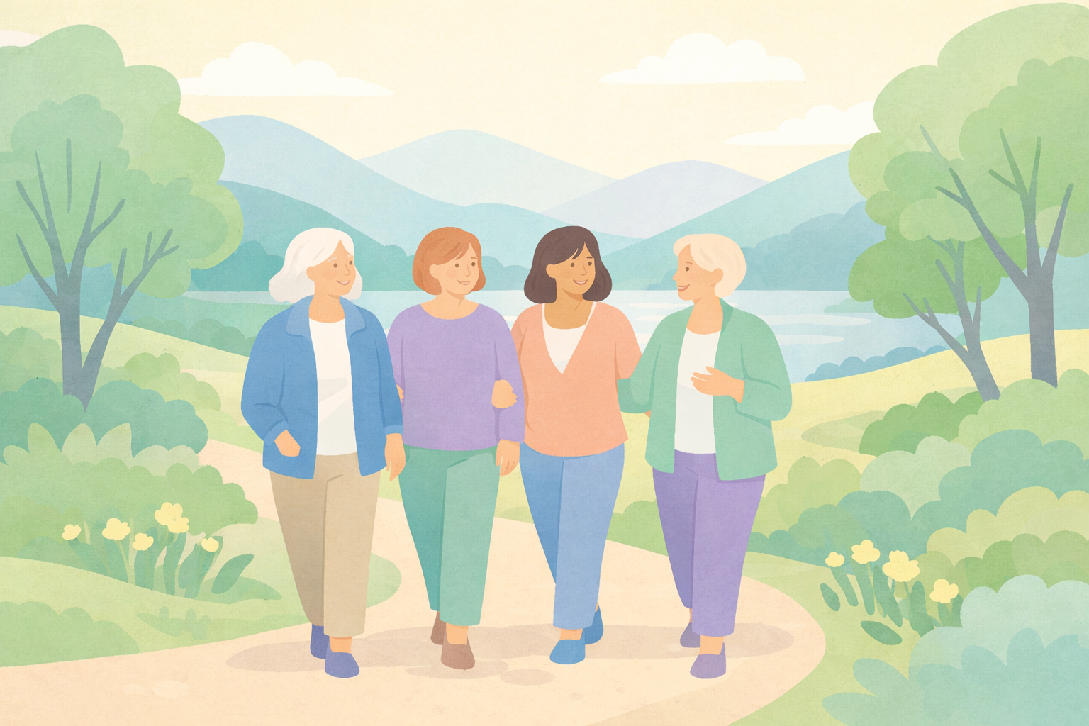 Four mature women walking together on a nature path after a psychedelic retreat, representing integration, community support, and lasting change from women's wellness retreats over 50.