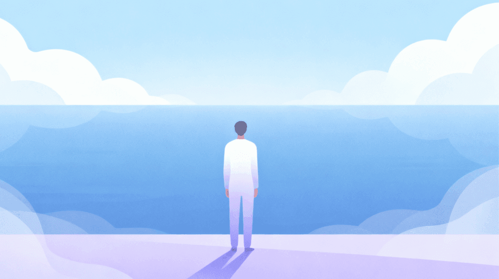 A peaceful figure gazes at a calm horizon, symbolizing the acceptance and relief from end-of-life anxiety achieved through Beckley Retreats' holistic psilocybin therapy programs.