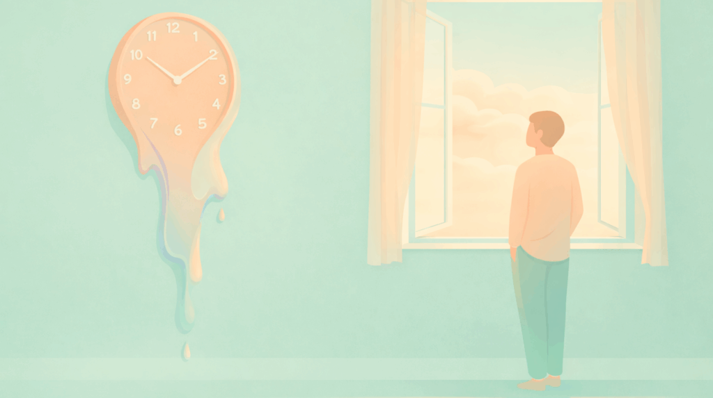 Surreal illustration of a melting clock on a wall near a man looking out a window, symbolizing the distorted perception of time during a psilocybin experience at Beckley Retreats.
