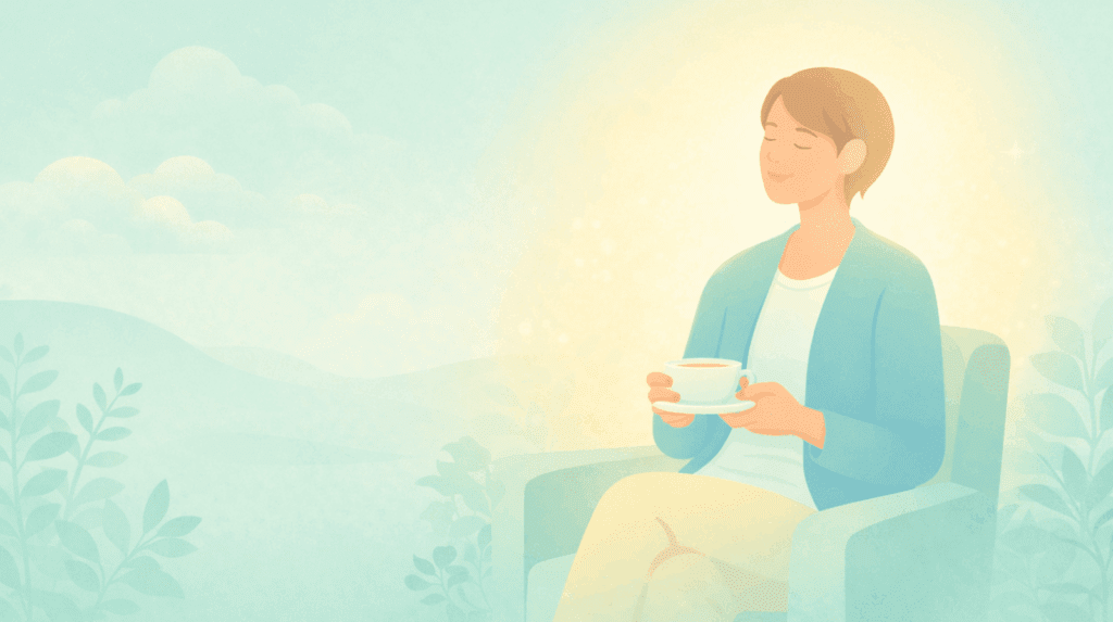 Peaceful illustration of a person holding a cup of tea in a serene, nature-filled setting, representing the calming afterglow and integration phase following a psychedelic therapy session at Beckley Retreats.