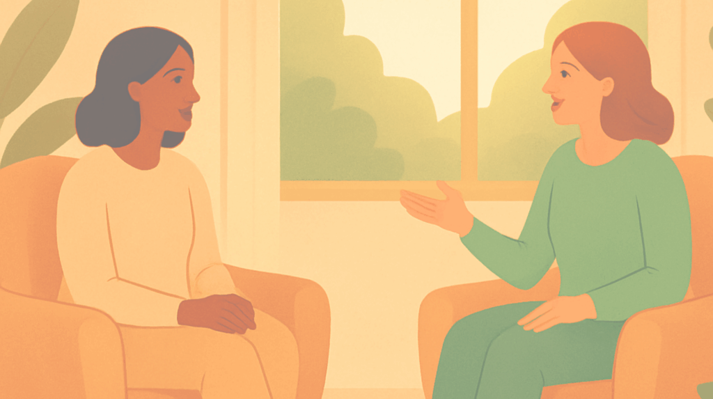 Illustration of a one-on-one integration session, showing a facilitator supporting a participant in processing their psychedelic therapy journey for mental wellness at Beckley Retreats.