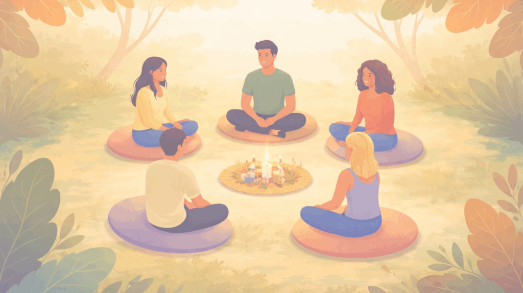 Illustration of a group integration circle in a nature setting, emphasizing the communal support and safe container provided during a Beckley Retreats psychedelic therapy journey.