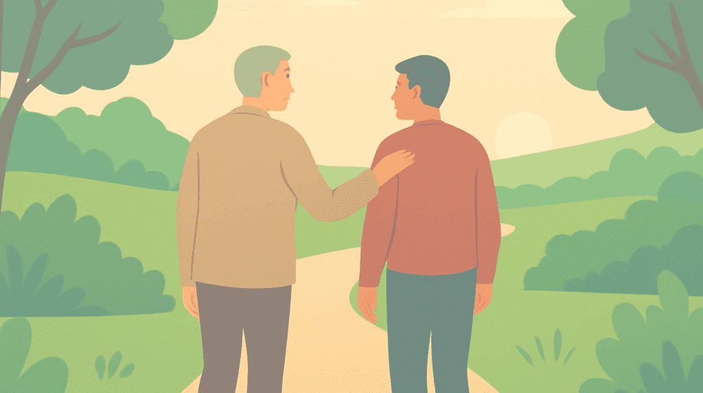 Illustration of two men walking outdoors, with one offering a supportive hand, symbolizing the peer support and group integration model integral to the Beckley Retreats psychedelic therapy experience.
