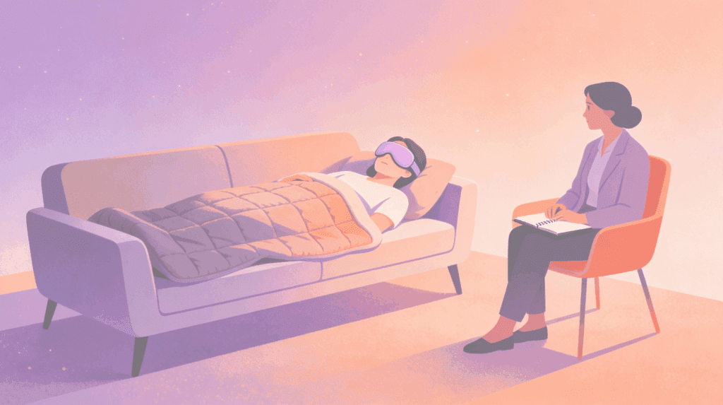 Guided psychedelic therapy session illustration showing a patient resting with an eye mask supported by a facilitator, representing safe, professional mental health treatment environments at Beckley Retreats.