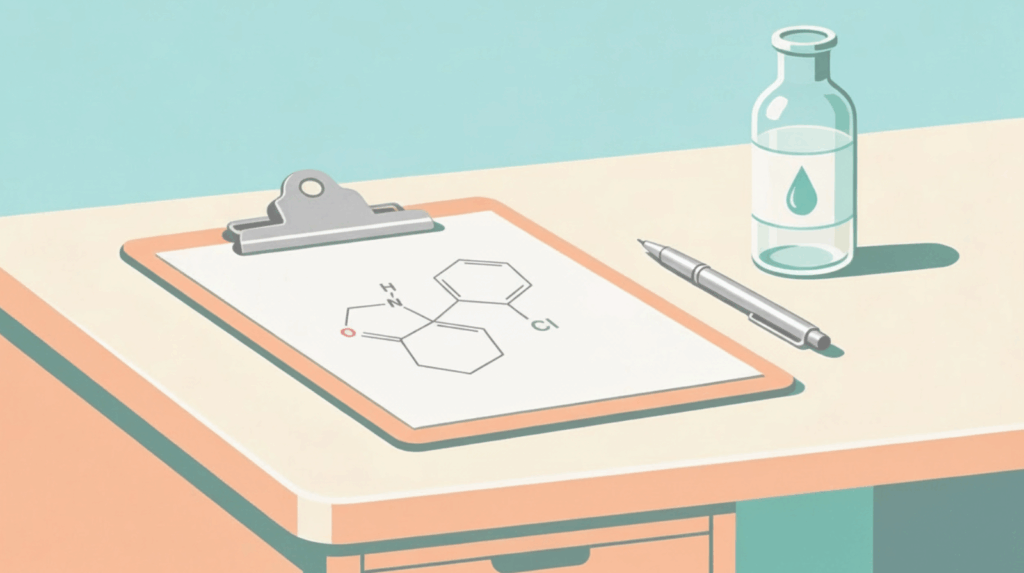 Medical illustration of ketamine's chemical structure on a clipboard with a vial, highlighting the scientific basis of safe psychedelic therapy and mental health treatment at Beckley Retreats.