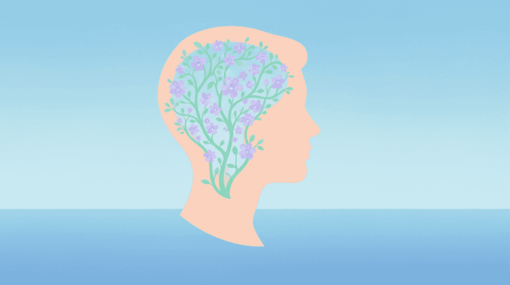 Illustration of flowers blooming within a brain silhouette, symbolizing neuroplasticity and mental healing in psychedelic therapy for the Beckley Retreats blog.
