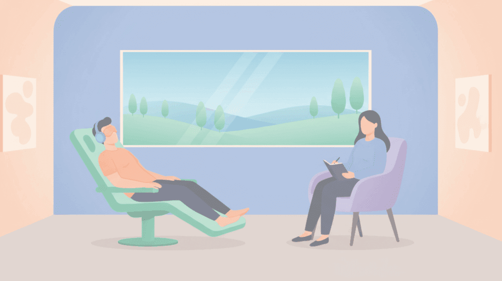 Illustration of a guided psychedelic therapy session showing a patient with eye shades and headphones alongside a therapist, emphasizing professional support for the Beckley Retreats blog.