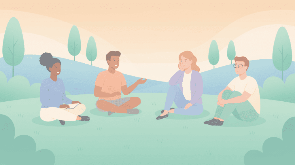 Illustration of a group of four people sitting outdoors, engaged in discussion and community bonding, reflecting group integration in psychedelic therapy for the Beckley Retreats blog.