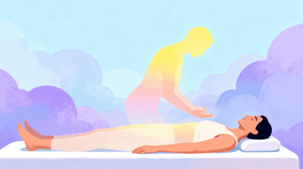 Illustration of a glowing figure guiding a resting participant, representing the compassionate facilitator support and energetic safety provided during a psychedelic therapy session or psilocybin retreat.