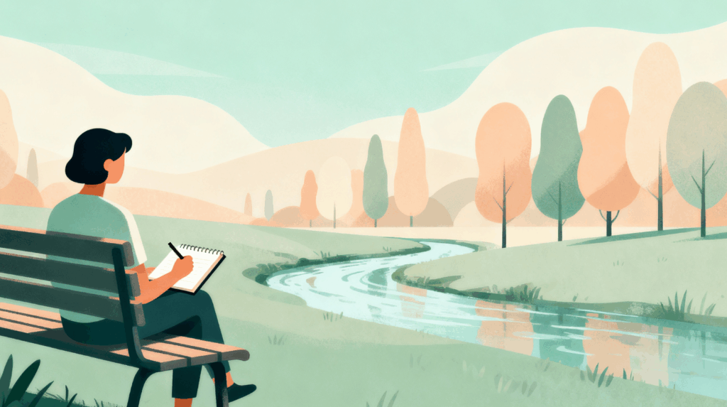 Woman journaling on a bench in nature, illustrating the importance of integration and reflection practices like writing to process insights after a psychedelic therapy retreat.