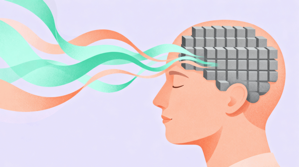 Illustration of a profile with a block-structured brain transforming into flowing colorful waves, representing neuroplasticity and the release of rigid mental blocks during psychedelic therapy.