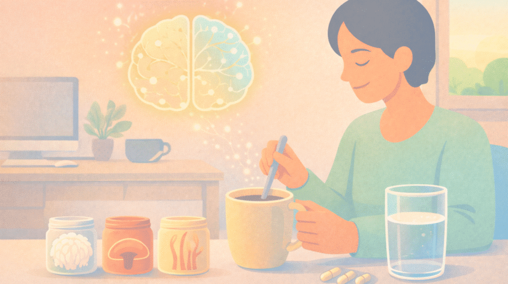 Beckley Retreats psychedelic therapy: woman stirs glowing psilocybin mushroom tea beside glowing brain neurons, jars, pills, water for mental health benefits.