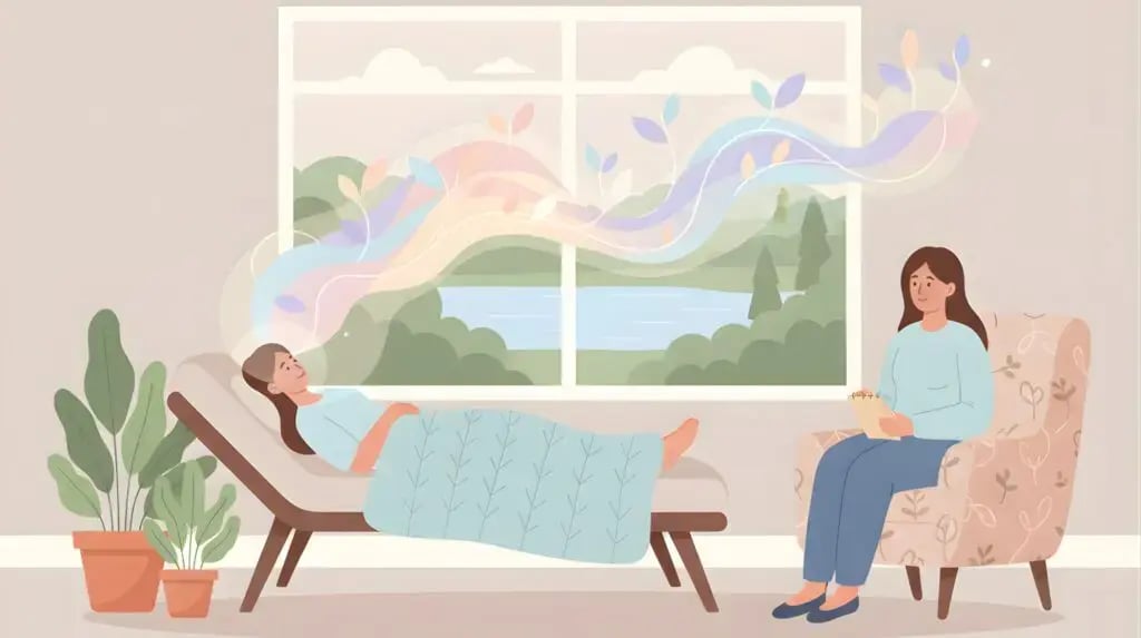 Psilocybin and caffeine: A person lies on a lounge chair covered by a blanket, experiencing a colorful, plant-like visionary state while a therapist sits beside them with a notepad.