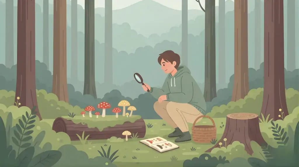 Psilocybin and caffeine: A person crouches in a misty forest, using a magnifying glass to examine a cluster of red and yellow-capped mushrooms on a log, with a field guide nearby.