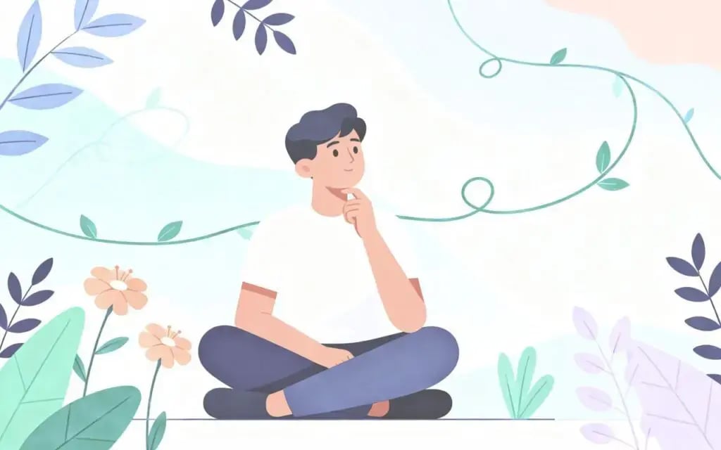 A flat illustration of a person sitting cross-legged on the ground, contemplating on Psilocybin Retreats in Colorado.