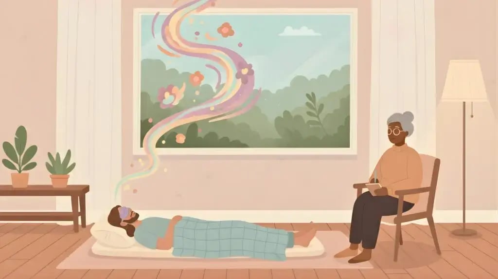 Psychedelic Retreat California: A man lies blindfolded on a mat, covered by a blanket, while an older woman sits beside him, journaling, with colorful, flowing imagery rising from the man's head, all within a room featuring a window view of lush greenery.