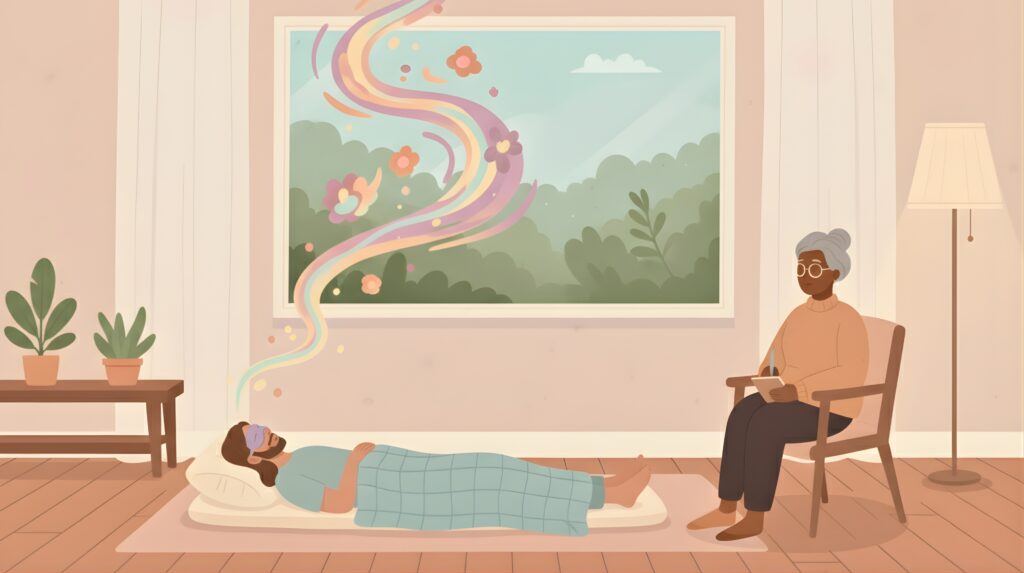 Psychedelic Retreat California: A man lies blindfolded on a mat, covered by a blanket, while an older woman sits beside him, journaling, with colorful, flowing imagery rising from the man's head, all within a room featuring a window view of lush greenery.