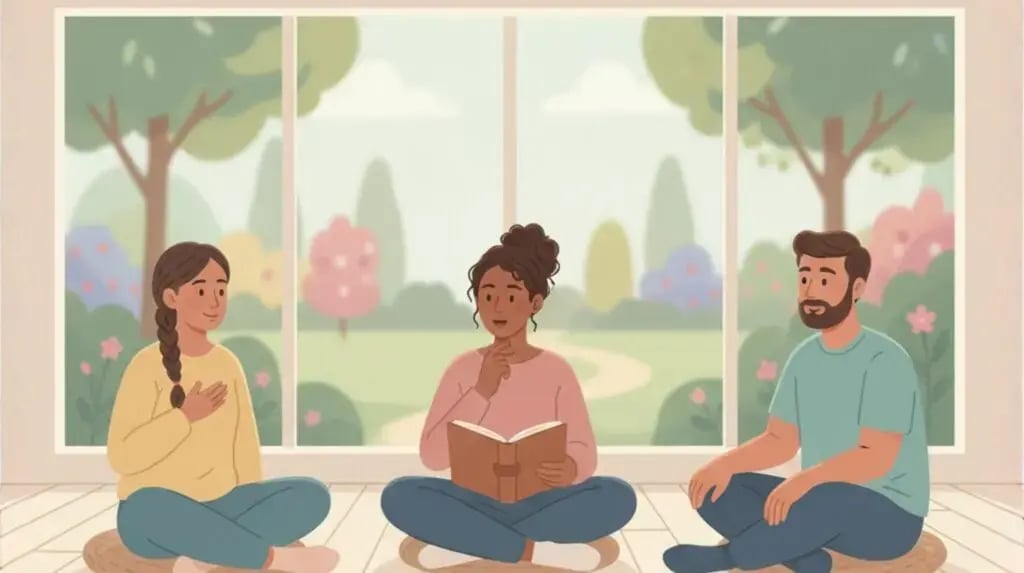 Psychedelic Retreat California: Three people sit cross-legged in a bright room with large windows overlooking a serene garden, one woman reading from a book, engaging in a shared experience.
