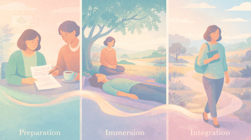 Three-panel illustration showing psychedelic therapy stages: Preparation, Immersion, and Integration for holistic mental wellness.
