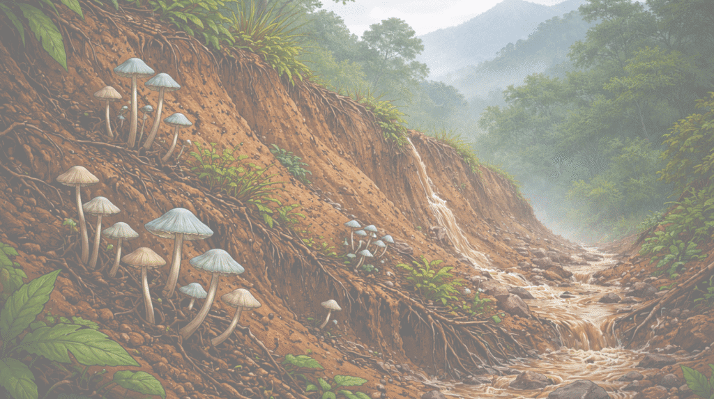 Psilocybe caerulescens mushrooms thriving on misty rainforest slope beside waterfall, embodying psychedelic therapy vibes for Beckley Retreats.