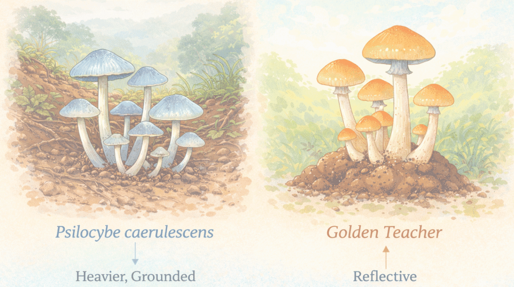 Psilocybe caerulescens (heavier, grounded) and Golden Teacher mushrooms compared in natural settings for Beckley Retreats psychedelic therapy.