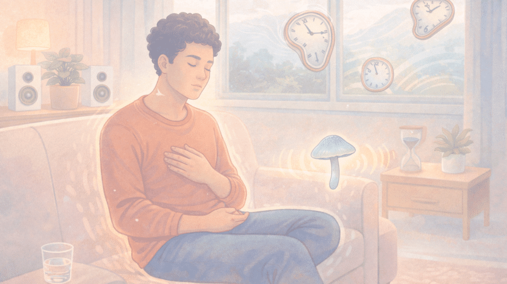 Man meditating with glowing psilocybin mushroom amid floating clocks, illustrating time-distorting psychedelic therapy at Beckley Retreats.