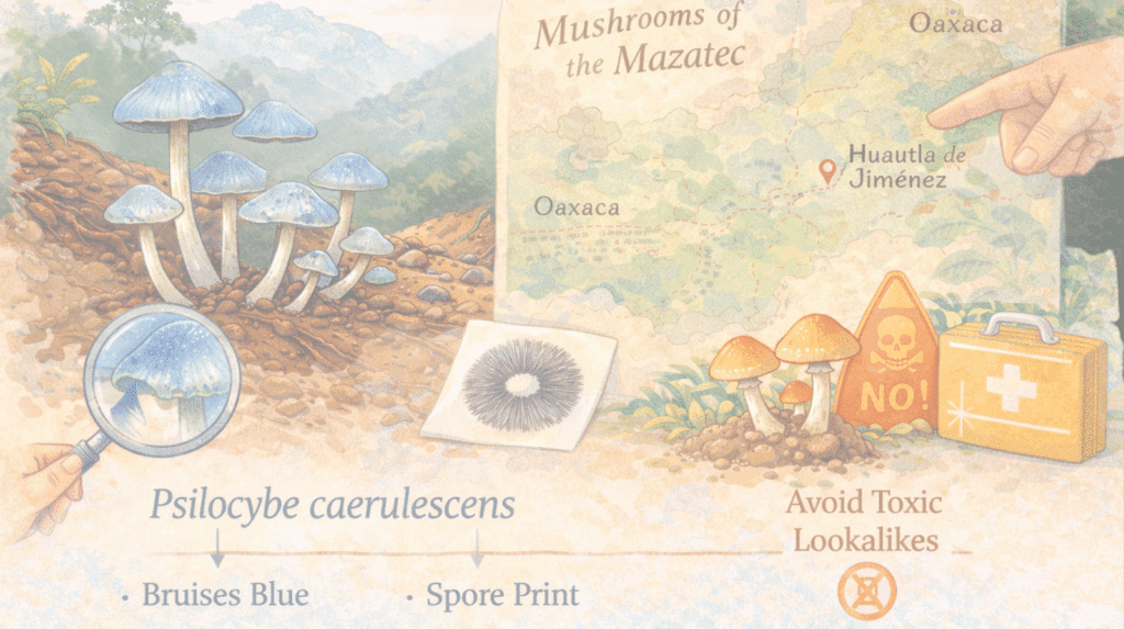 Mazatec mushrooms of Oaxaca map highlighting Psilocybe caerulescens with blue bruising, spore print, and toxic lookalikes for Beckley Retreats psychedelic therapy.