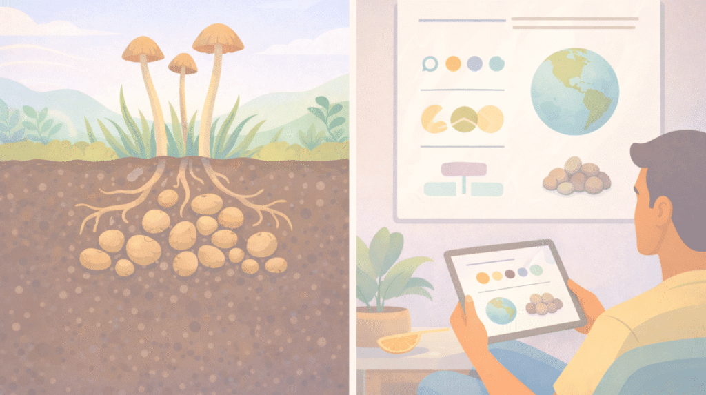 Illustration of psilocybin truffles growing underground beneath magic mushrooms, beside a man studying psychedelic therapy research visuals on a tablet, highlighting Beckley Retreats’ science-backed psychedelic therapy and psilocybin education.