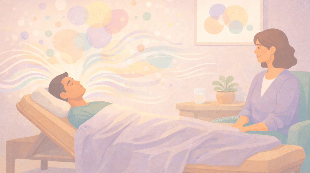 Illustration of a man in a psilocybin-assisted psychedelic therapy session, resting on a bed with colorful visionary patterns around his head, supported by a calm female guide at a Beckley Retreats healing environment.