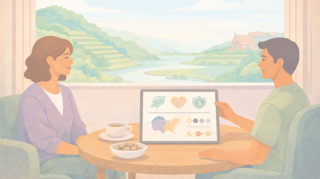 Two people discuss a science-backed psilocybin retreat program, reviewing psychedelic therapy benefits and safety visuals on a tablet, with a bowl of truffles and serene Beckley Retreats landscape in the background.