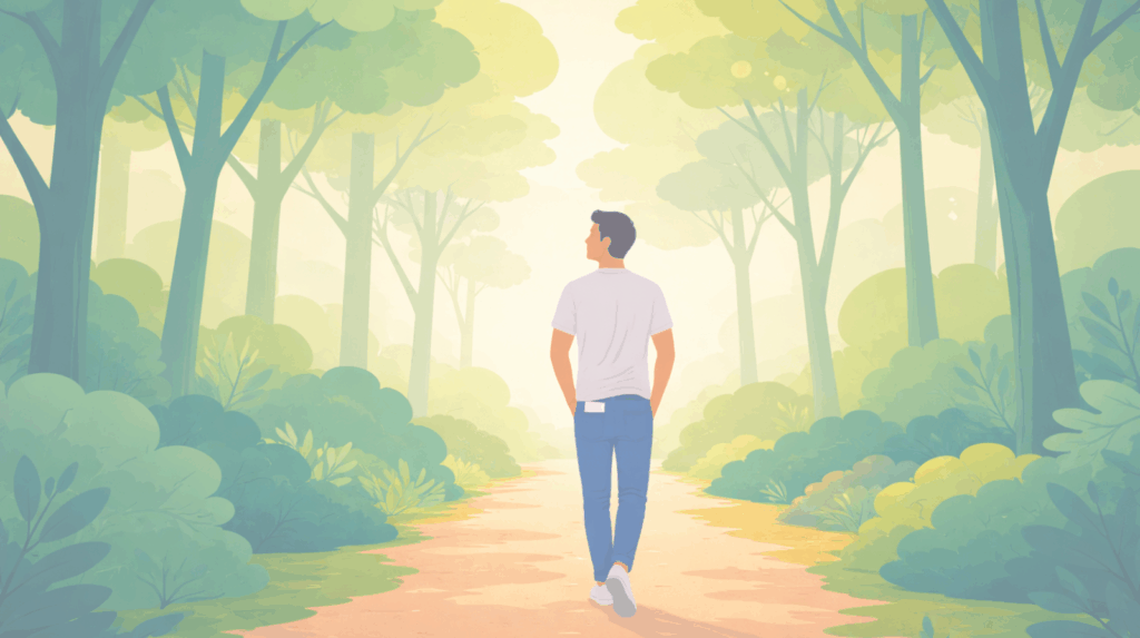 Man walking peacefully through a sunlit forest path, illustrating the connection with nature central to holistic healing and psychedelic therapy experiences at Beckley Retreats.
