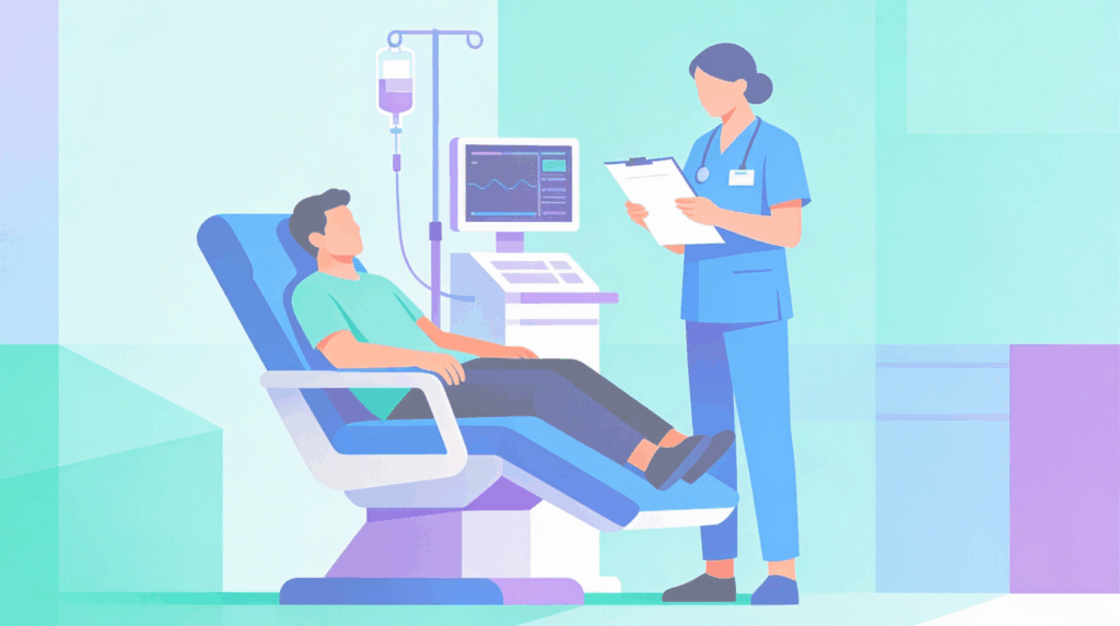 Illustration of in-clinic ketamine infusion therapy: patient reclines in medical chair with IV drip, vital-sign monitor, and clinician support, highlighting supervised psychedelic-assisted treatment setting for mental health healing professional care.