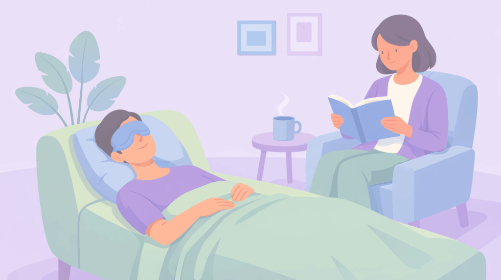 Patient with eye mask undergoes guided psychedelic therapy while a sitter provides support, highlighting the safe, supervised environment crucial for therapeutic retreats and deep mental health healing